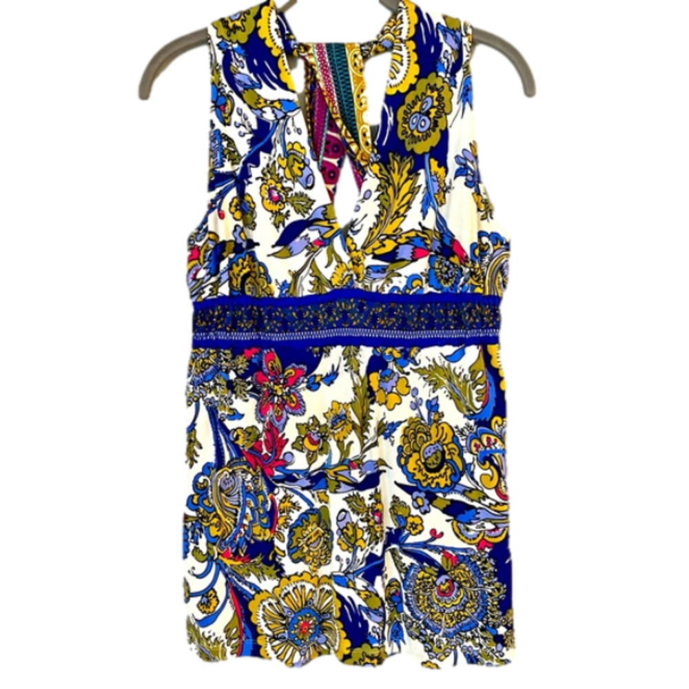 HALE BOB Top V-Neck Halter T-Back 100% Silk Floral Paisley Blue Gold Women S